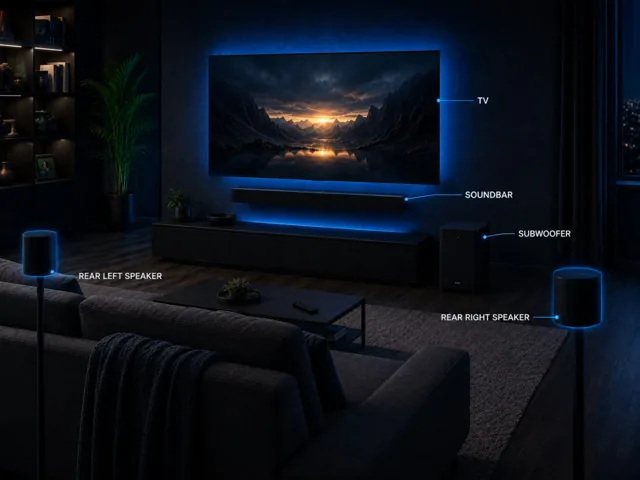 Example wireless surround system with a soundbar, subwoofer and rear speakers