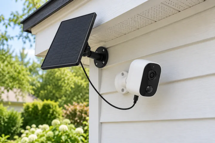 Small solar charging panel connected to a compatible battery outdoor camera