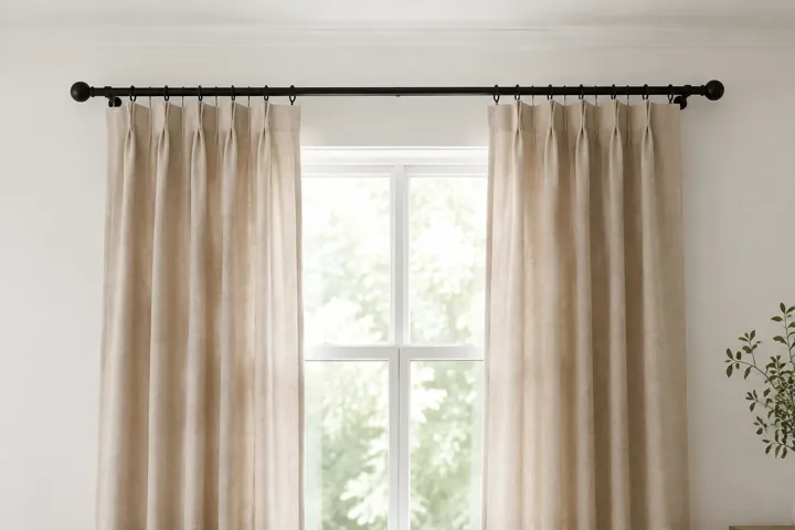 Level curtain rod and curtain panels mounted above a window