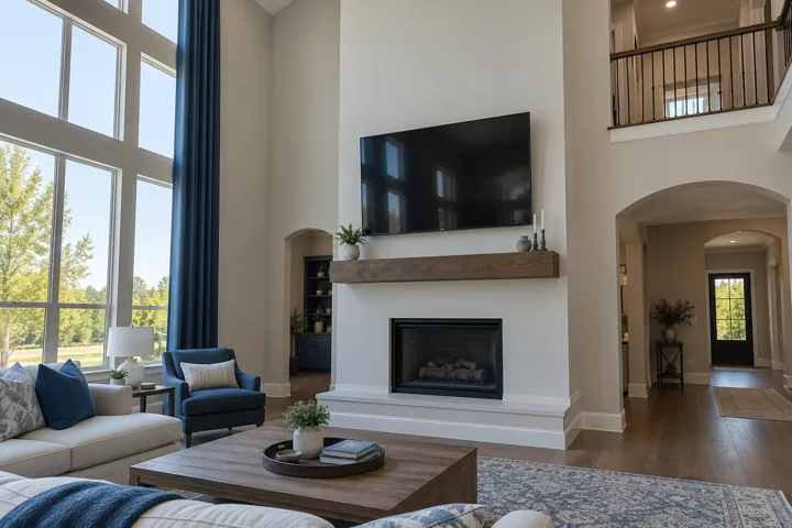 Example elevated TV placement above a deep fireplace mantel in a tall living room