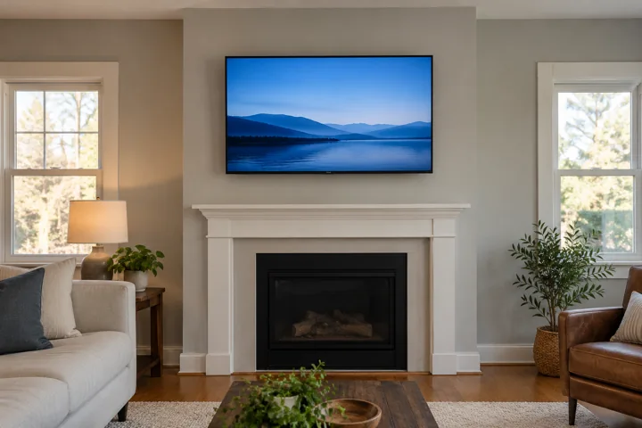 Example standard TV placement above a fireplace on a smooth drywall wall