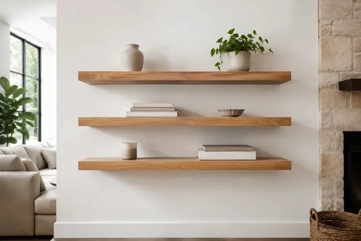 Wood floating shelves installed with hidden brackets