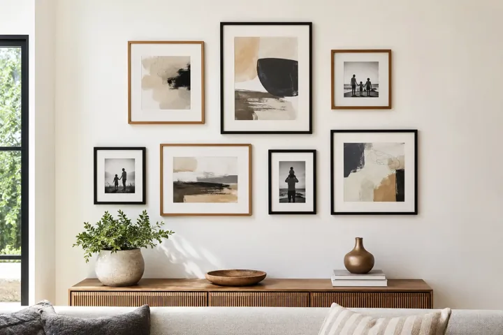 Balanced arrangement of framed pictures on a gallery wall