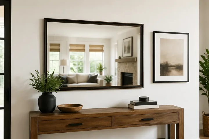 Wall-mounted mirror and framed artwork above a console