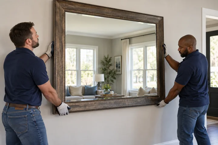 Two adults carefully lifting an oversized framed mirror together