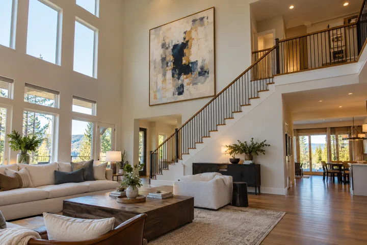 Artwork mounted high on a tall wall beside an upper-floor landing