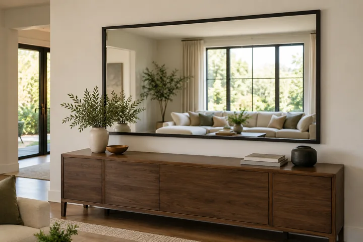 Large rectangular wall mirror above a wide console