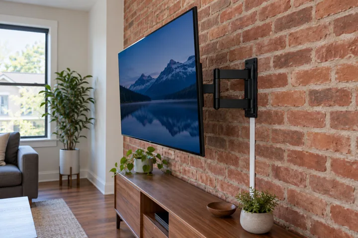 Television and manual bracket installed on an exposed brick wall