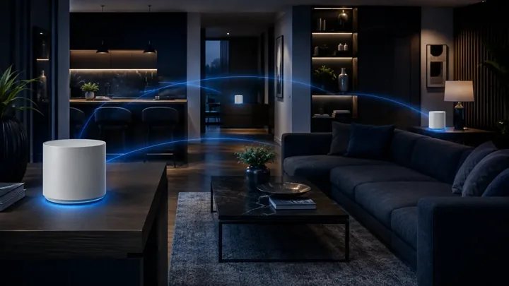 Mesh Wi-Fi node positioned in a home to extend wireless coverage