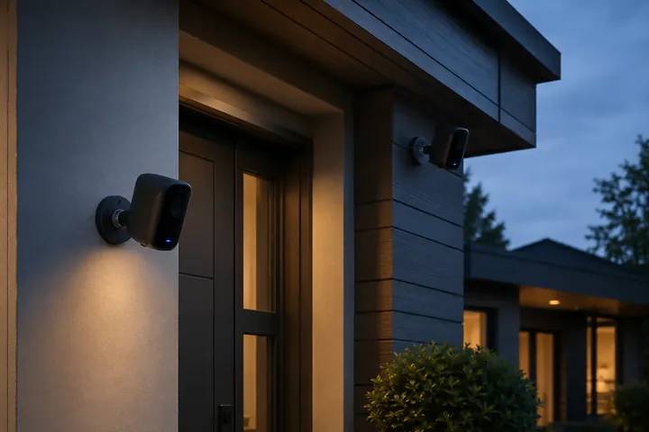 Battery-powered outdoor camera mounted below a home's eave