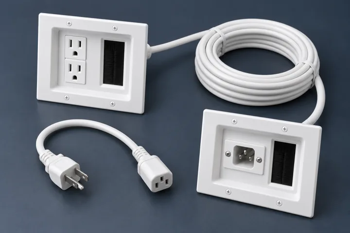 Example plug-in TV power relocation kit with recessed wall plates, connecting cable and power cord