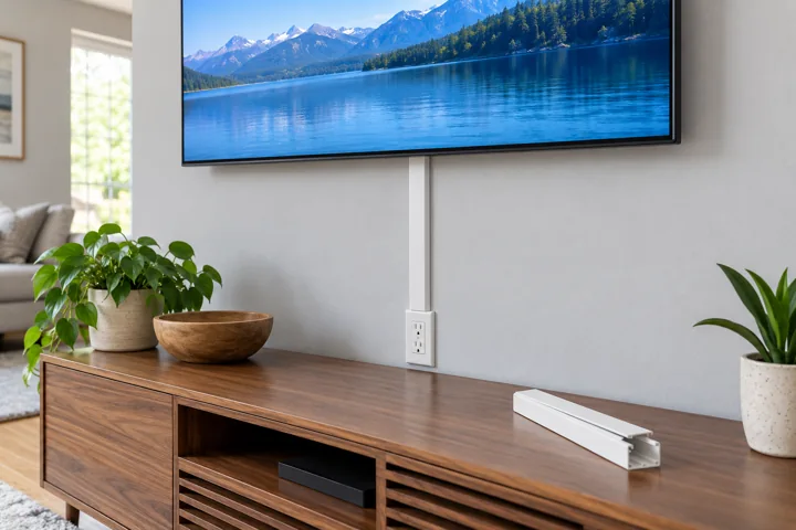 White surface-mounted cord cover running from a TV toward the outlet, with a sample channel on the console