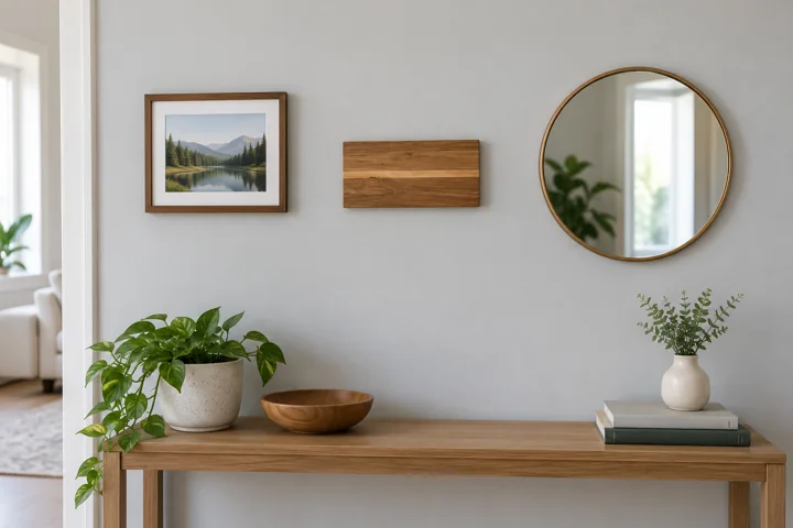 Small framed picture, decorative sign and lightweight round mirror as mounting examples