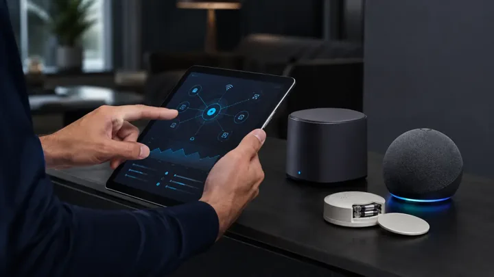 Technician using a tablet to troubleshoot connected home devices