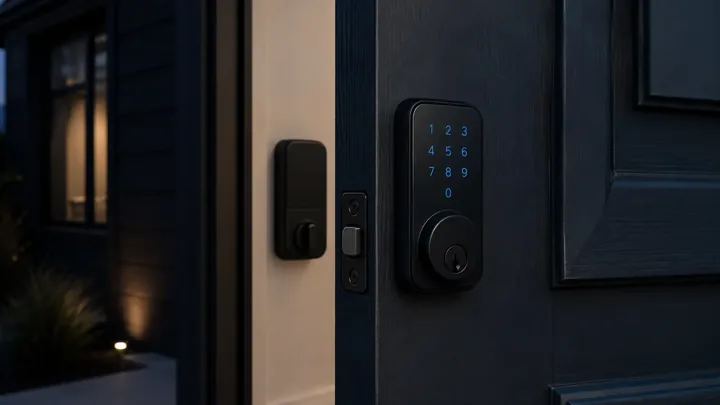 Keypad smart deadbolt installed on a residential door