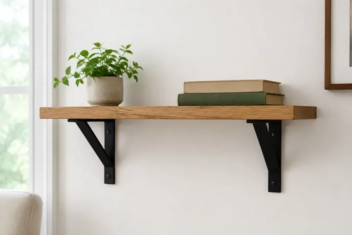 Wood wall shelf with visible black support brackets