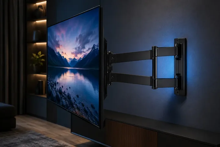 Manual full-motion bracket extended from the wall behind a television