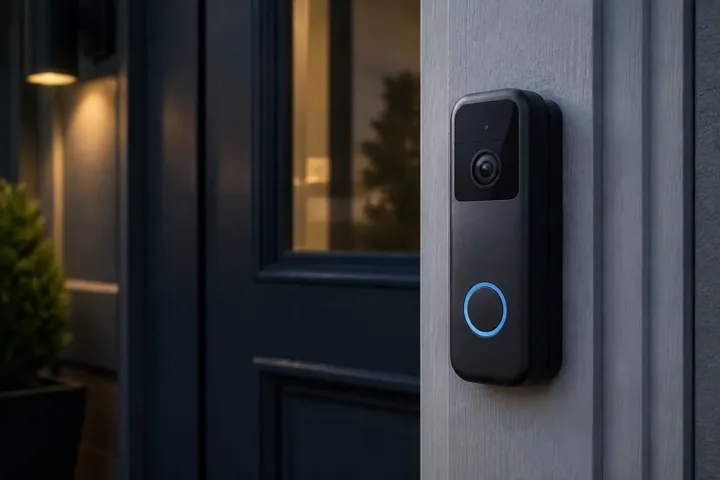 Battery video doorbell mounted beside a front door