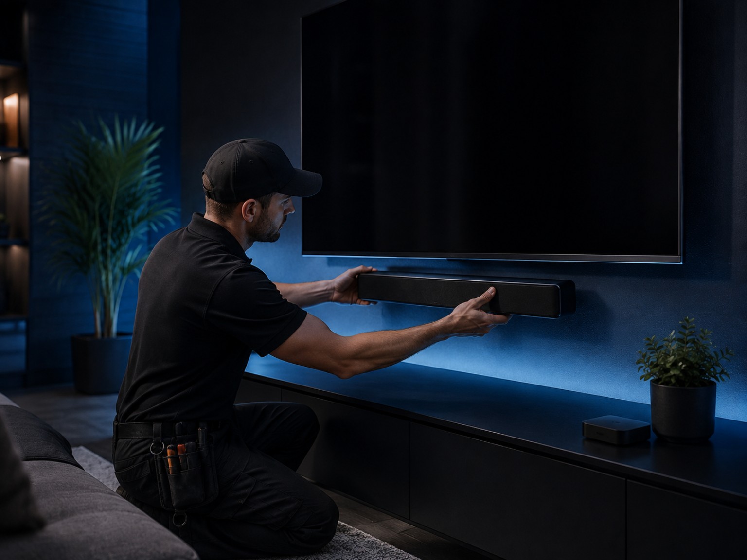 Technician installing a soundbar below a wall-mounted television