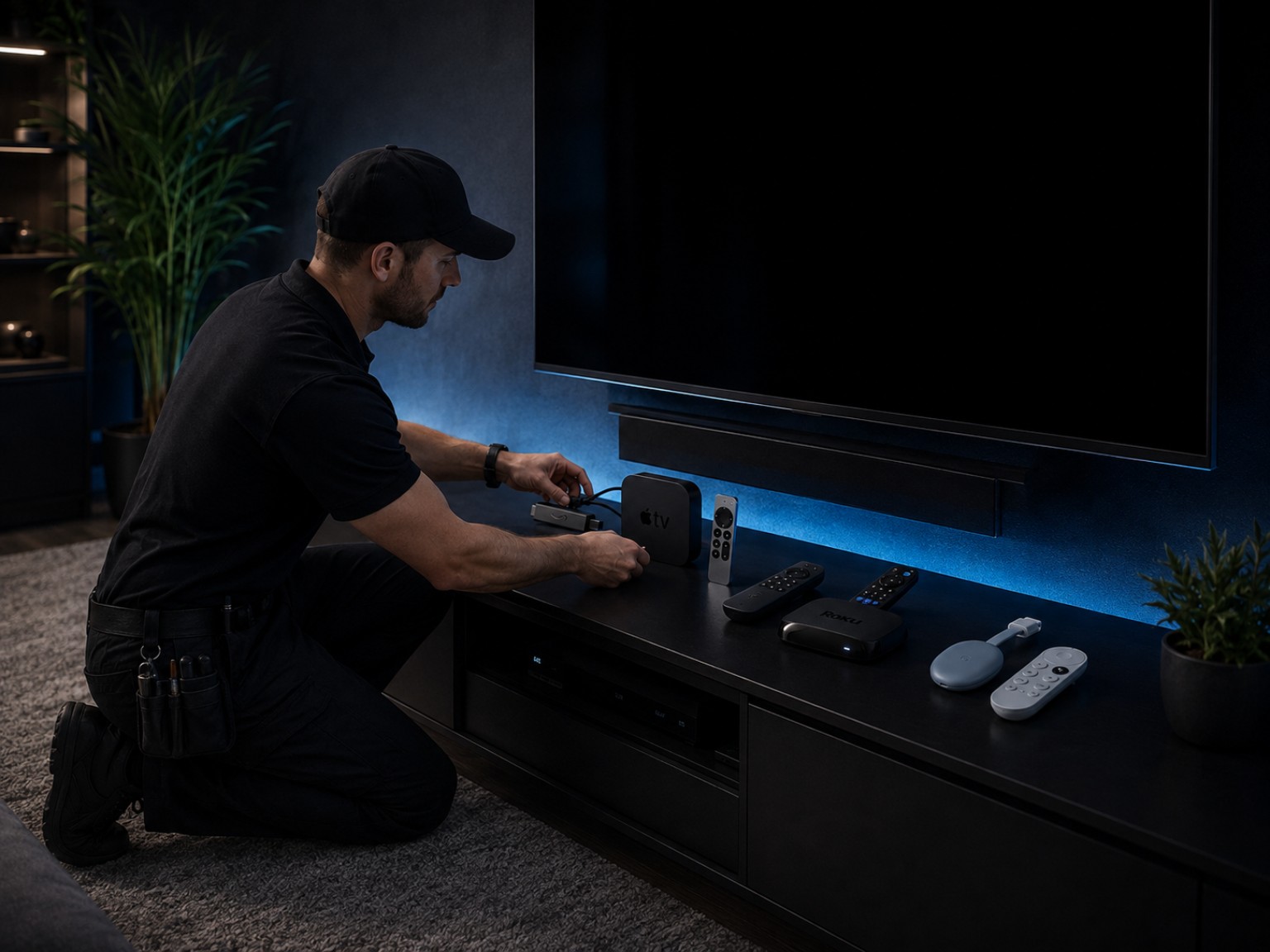 Technician setting up a television streaming device