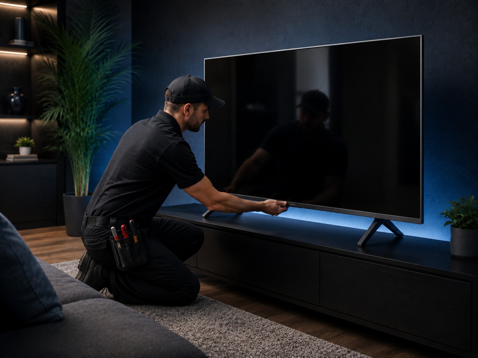 Technician attaching a tabletop pedestal stand to a television