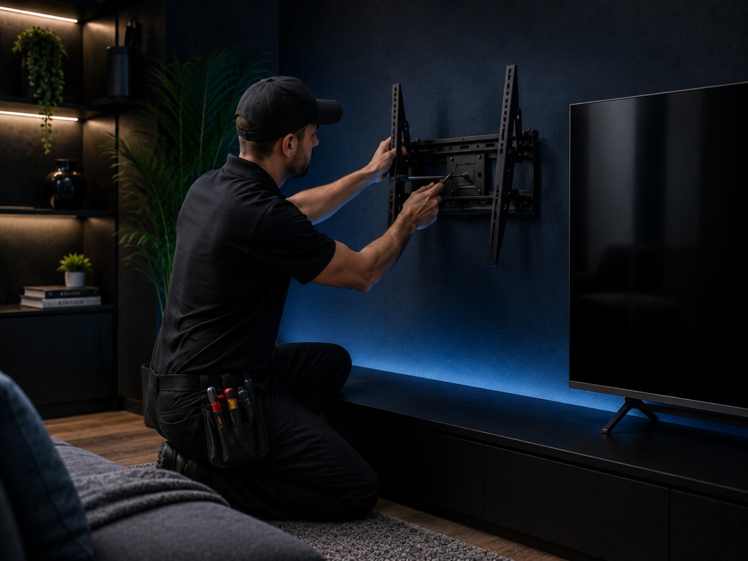 Technician securely installing a television wall mount