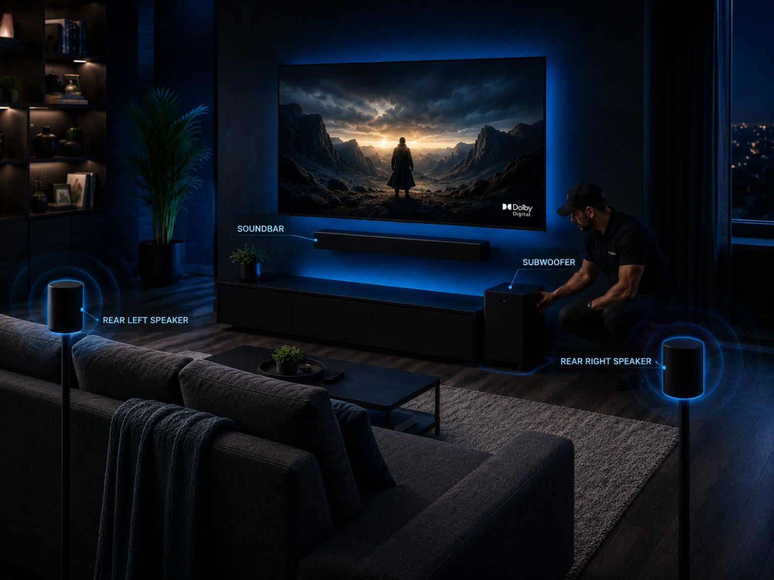 Technician configuring a wireless surround-sound system